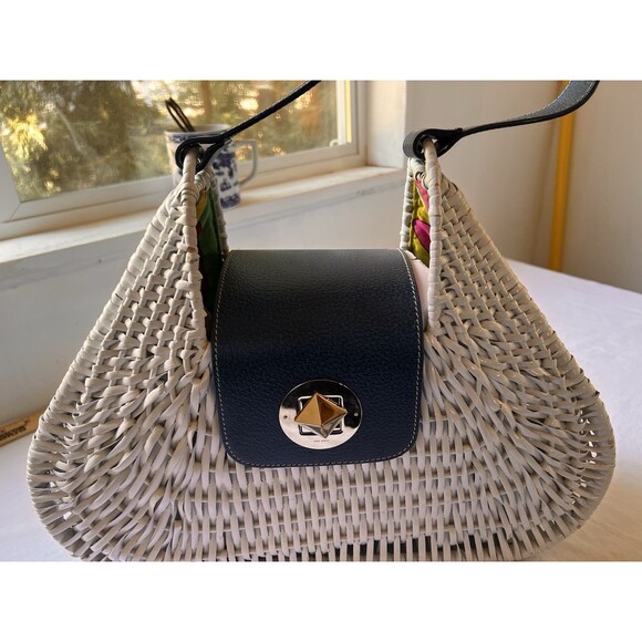 Kate Spade Ivory Navy SANTIAGO ALEK PLANTATION WICKER BAG Handbag - Picture 2 of 16